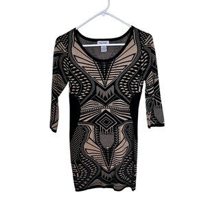 Say What? Womens Tribal Print Mini Sweater Dress Black & Beige Large Crew Neck